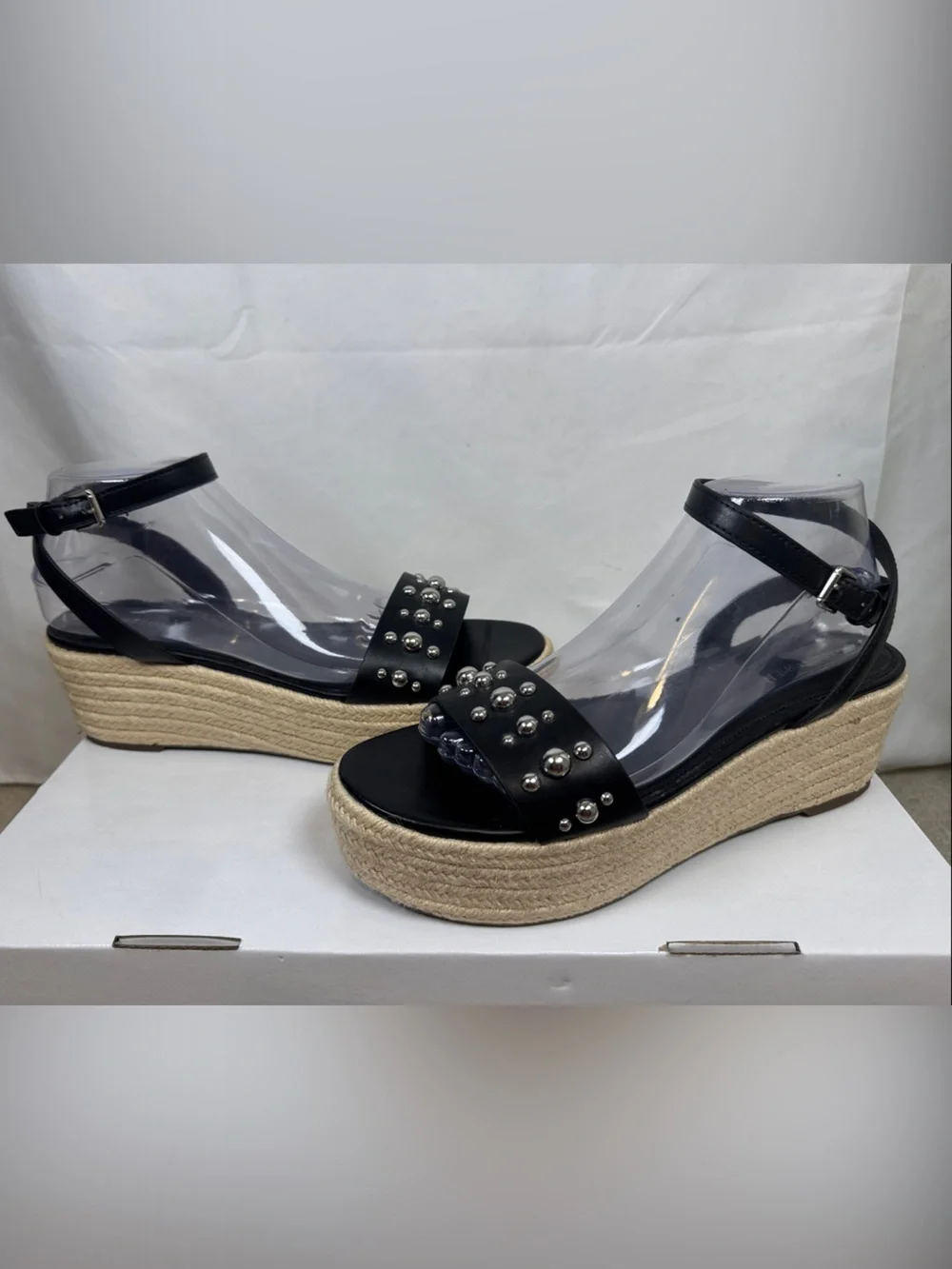 Marc Fisher Joyce Black Studded Espadrille Wedge Platform Sandal Size 10